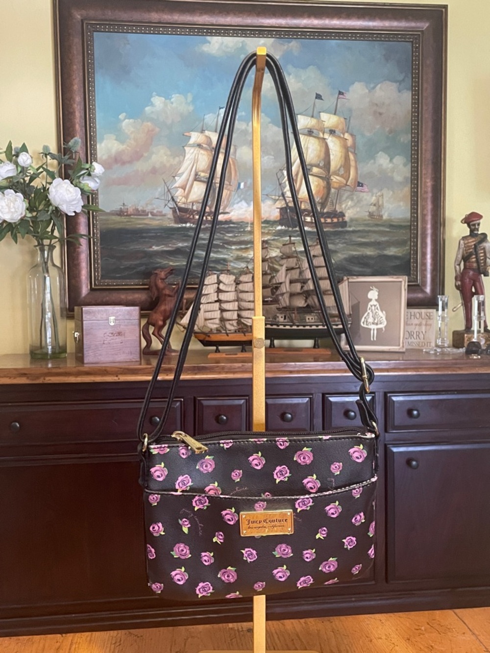 Juicy Couture Black Crossbody with Pink Rose Pattern